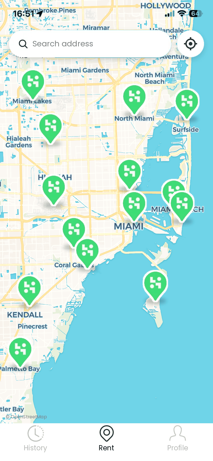 Handover app map showing smart luggage lockers in Miami